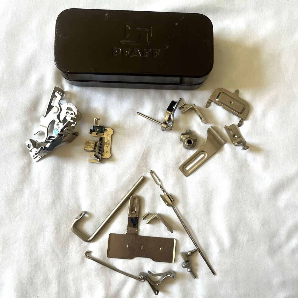 Vintage Brown PFAFF Sewing Machine Attachments Case Metal w/Parts Pfaff Greist